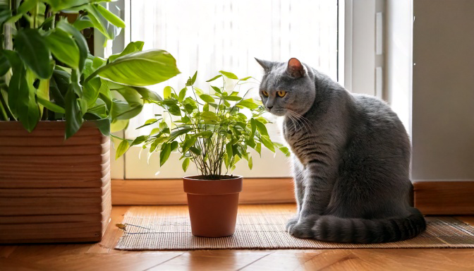 British Shorthair near a fresh catnip plant