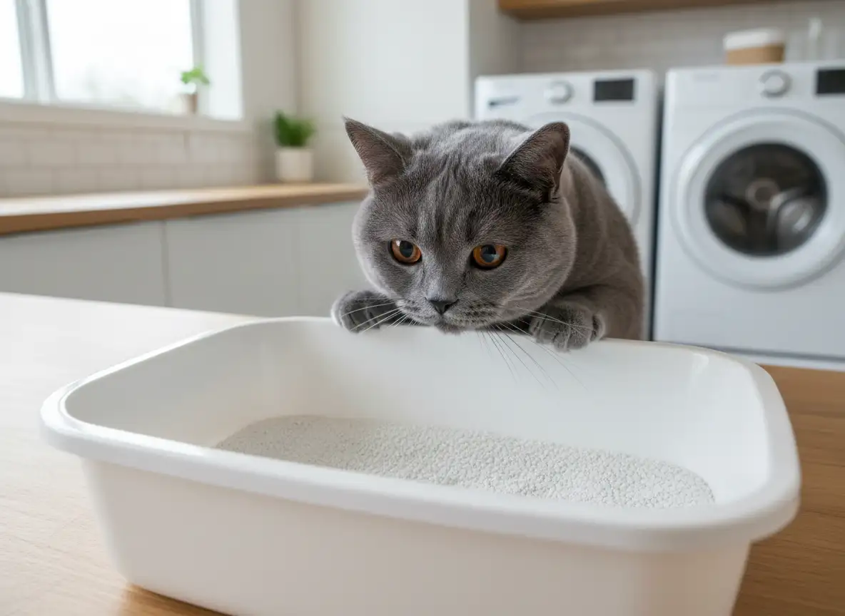 Blue British Shorthair cat observing its clean litter box in a bright environment