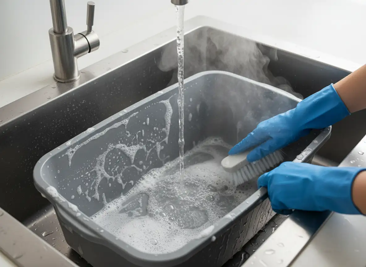 Person washing a plastic litter box with water and a sponge in a laundry area