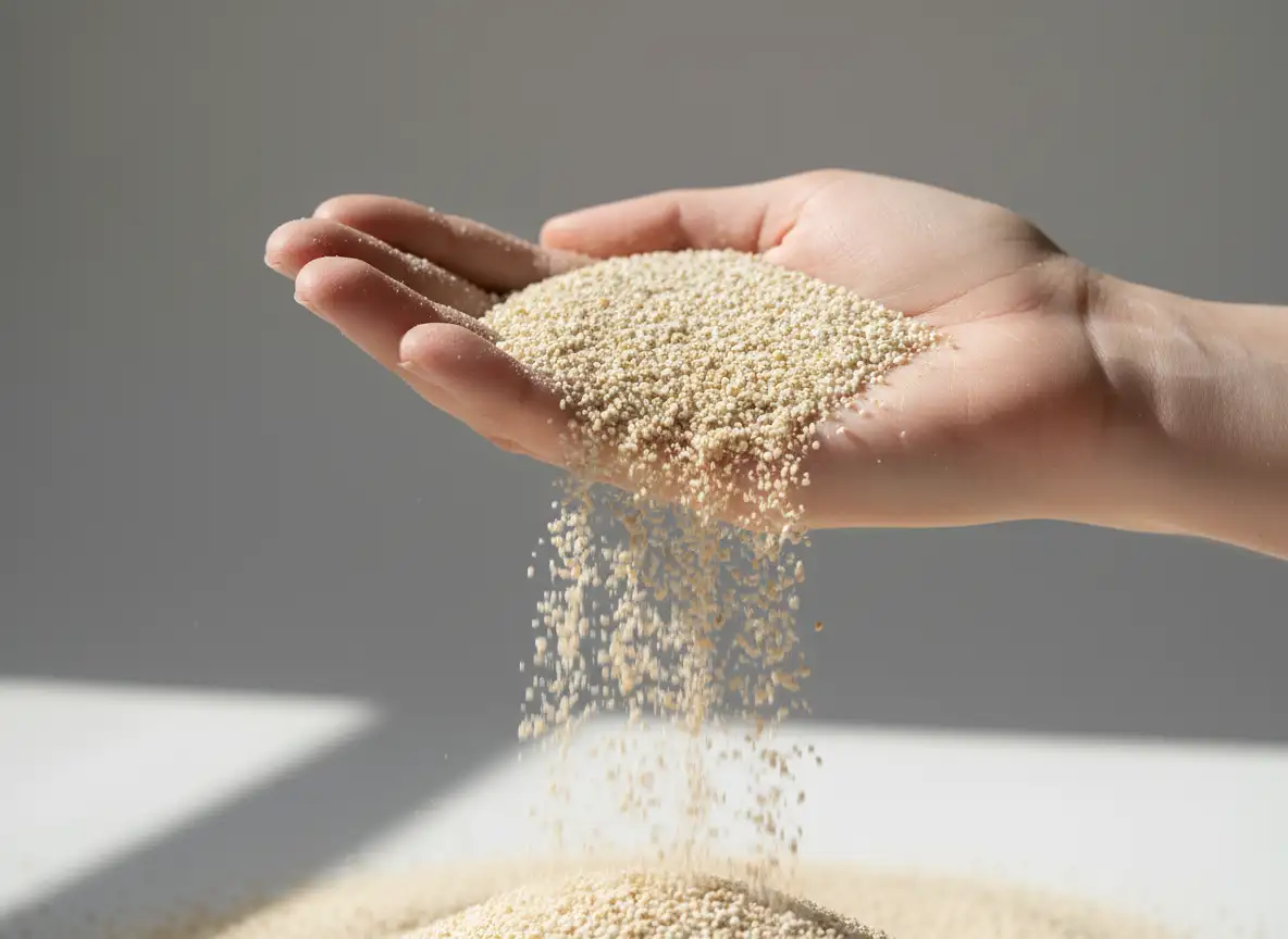 Close-up of a hand holding fine-grained clay cat litter, showing the ideal texture