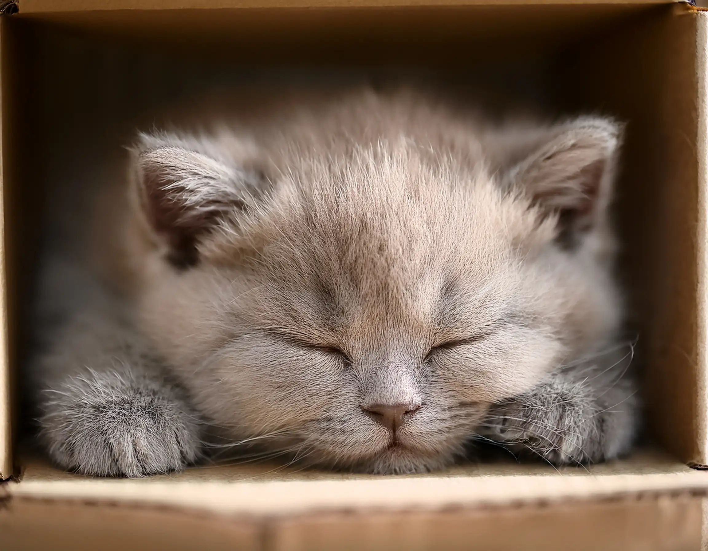 British Shorthair kitten sleeping inside a box