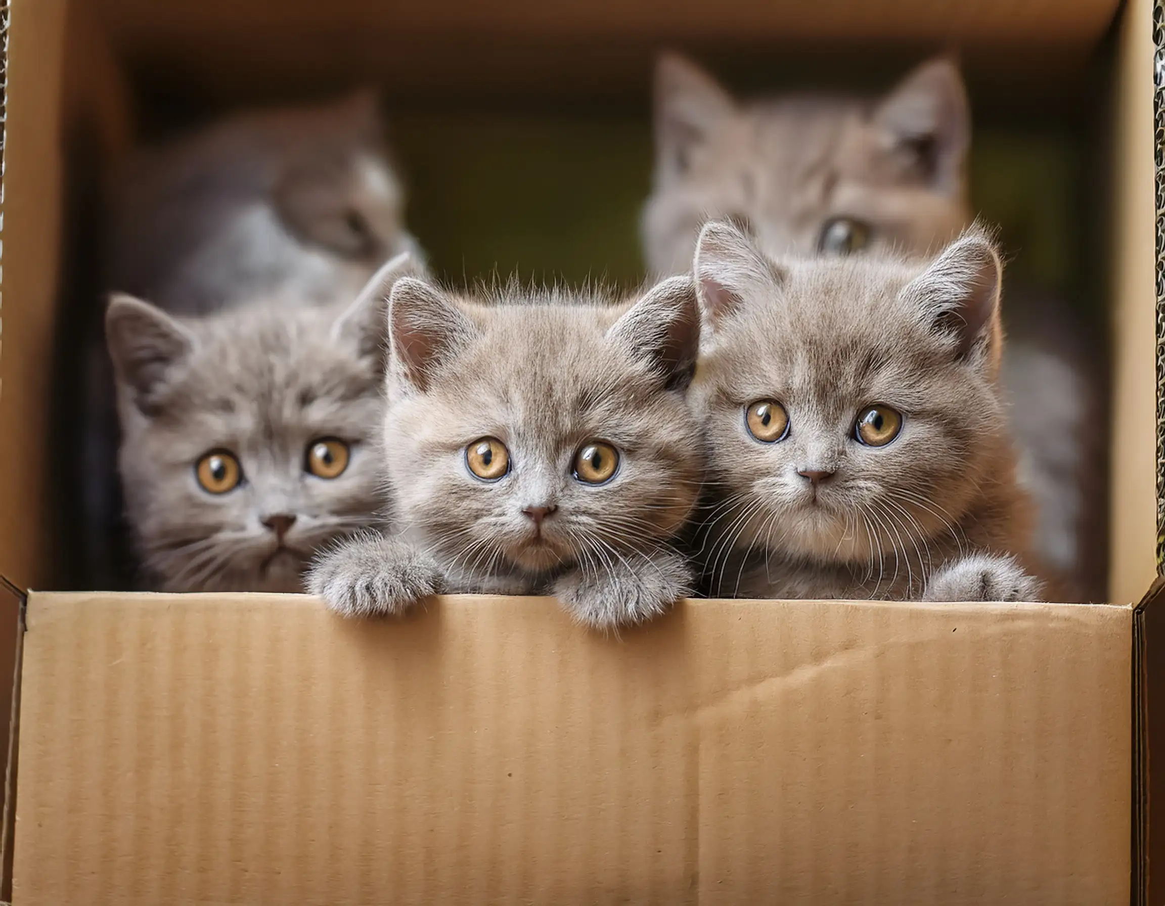 Group of British Shorthair kittens playing in boxes