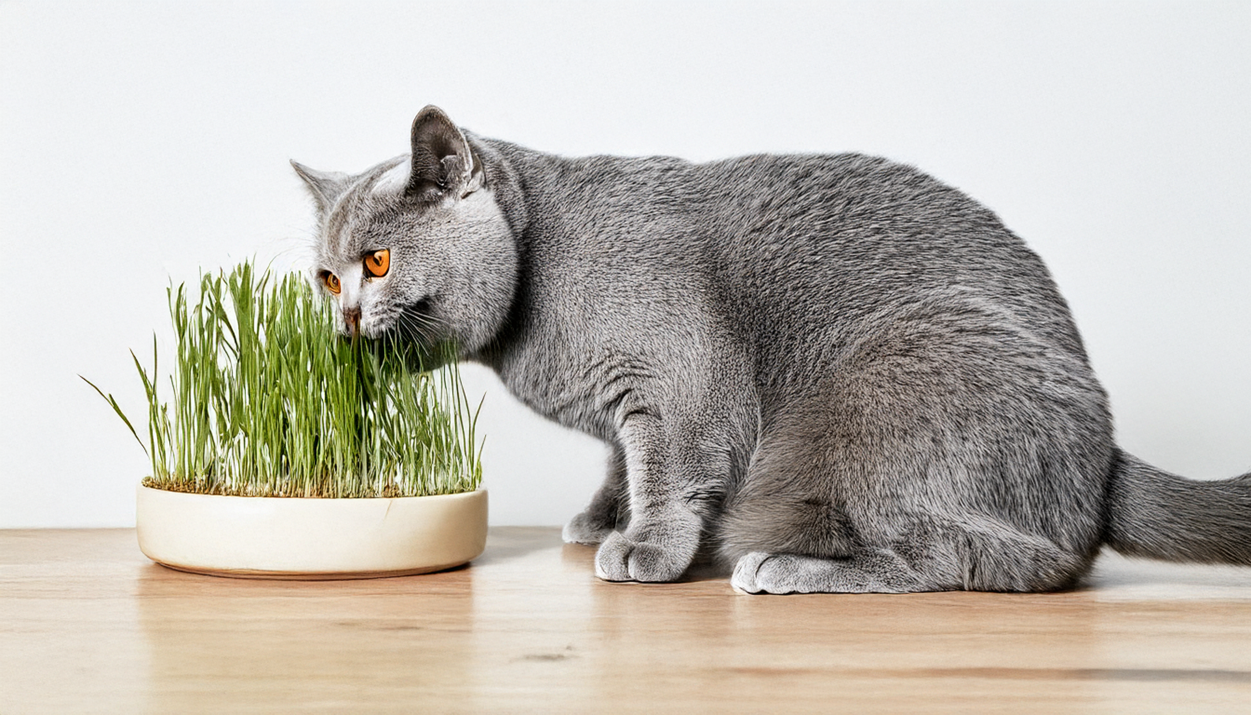 Solid blue British Shorthair cat chewing on fresh cat grass in a ceramic pot