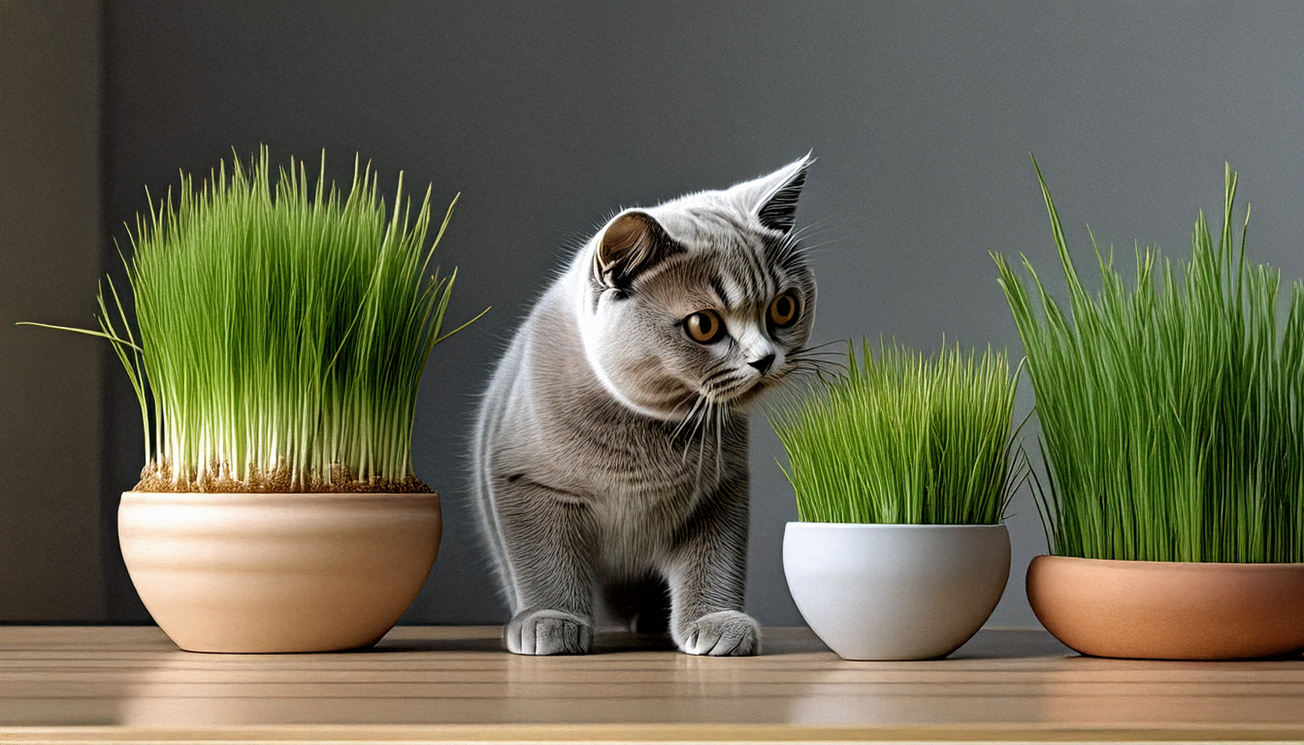 Various types of cat grass planted in ceramic pots side by side
