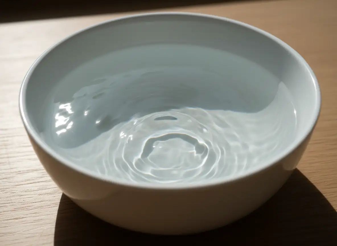 Close-up of a porcelain bowl with crystal clear water and light reflections