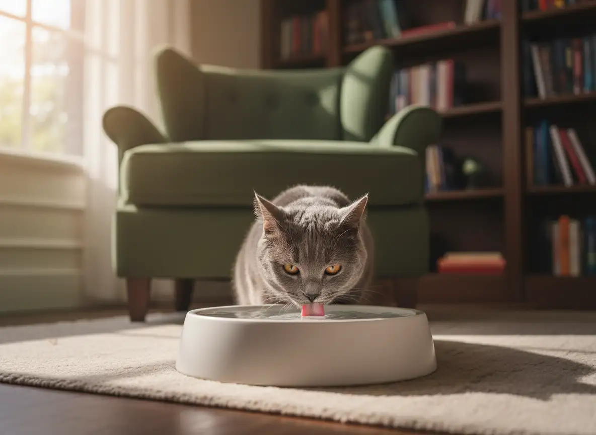 A blue British Shorthair drinking water calmly from a ceramic fountain in a bright room