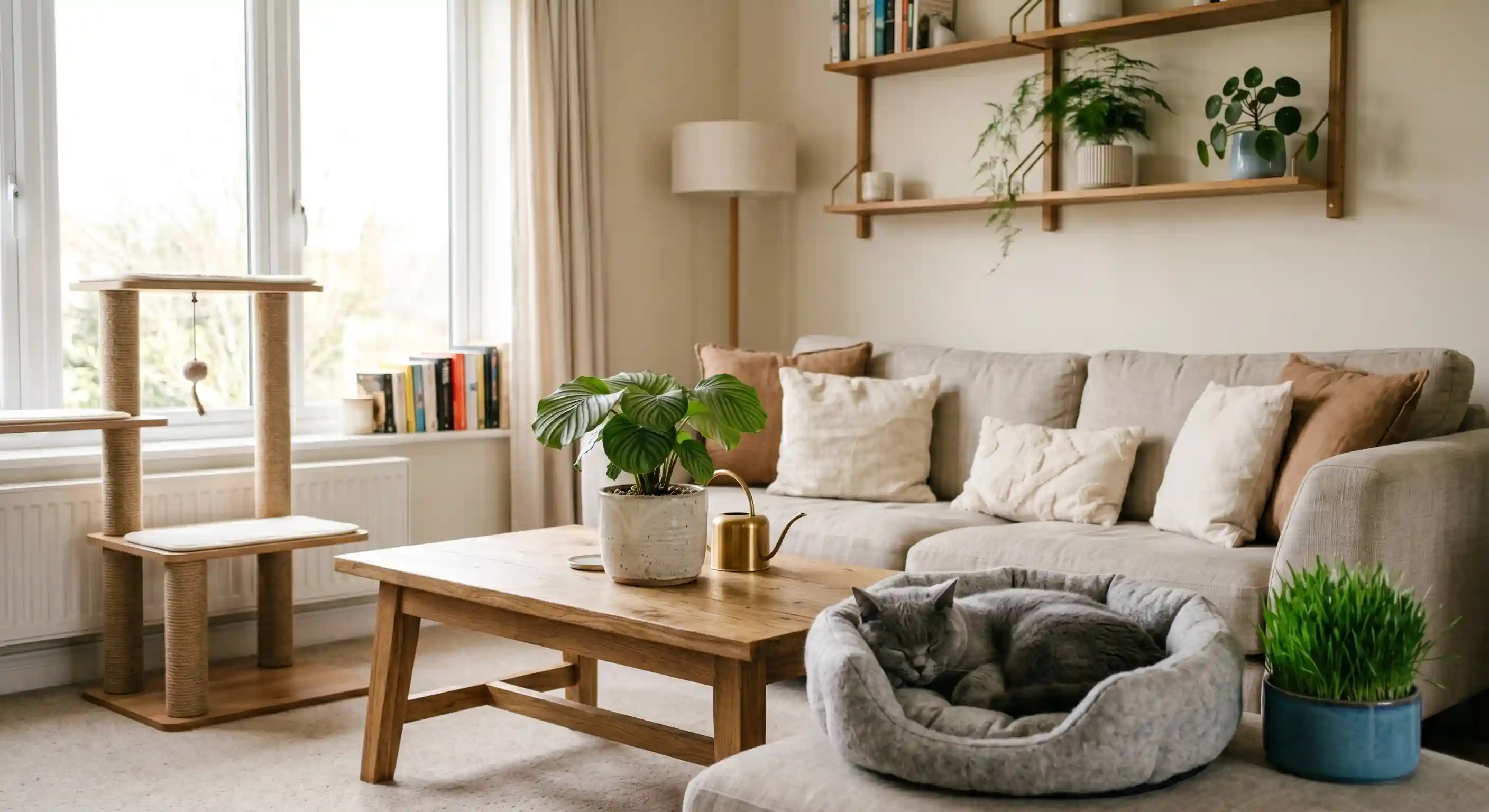 Safe indoor environment with plants and rest zones for British Shorthair