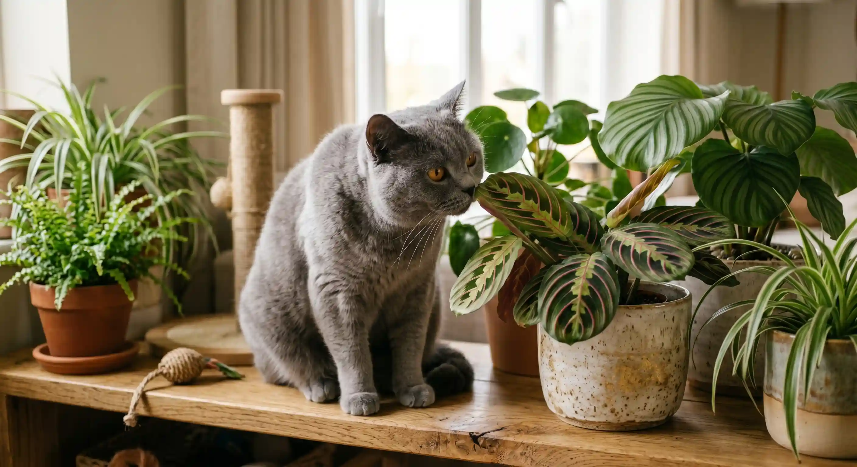 British Shorthair observing Calathea leaves in an indoor setting