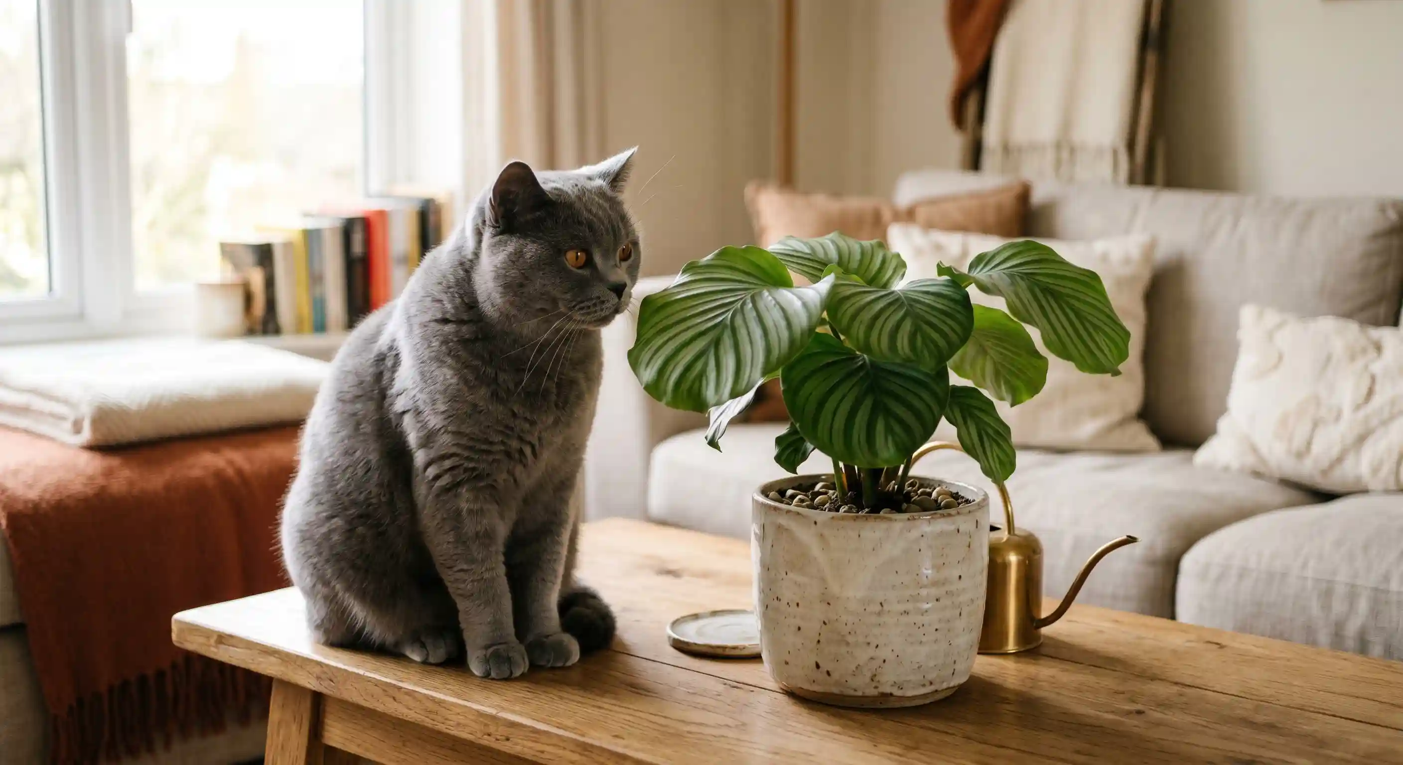 British Shorthair next to a non-toxic indoor plant in a bright living room