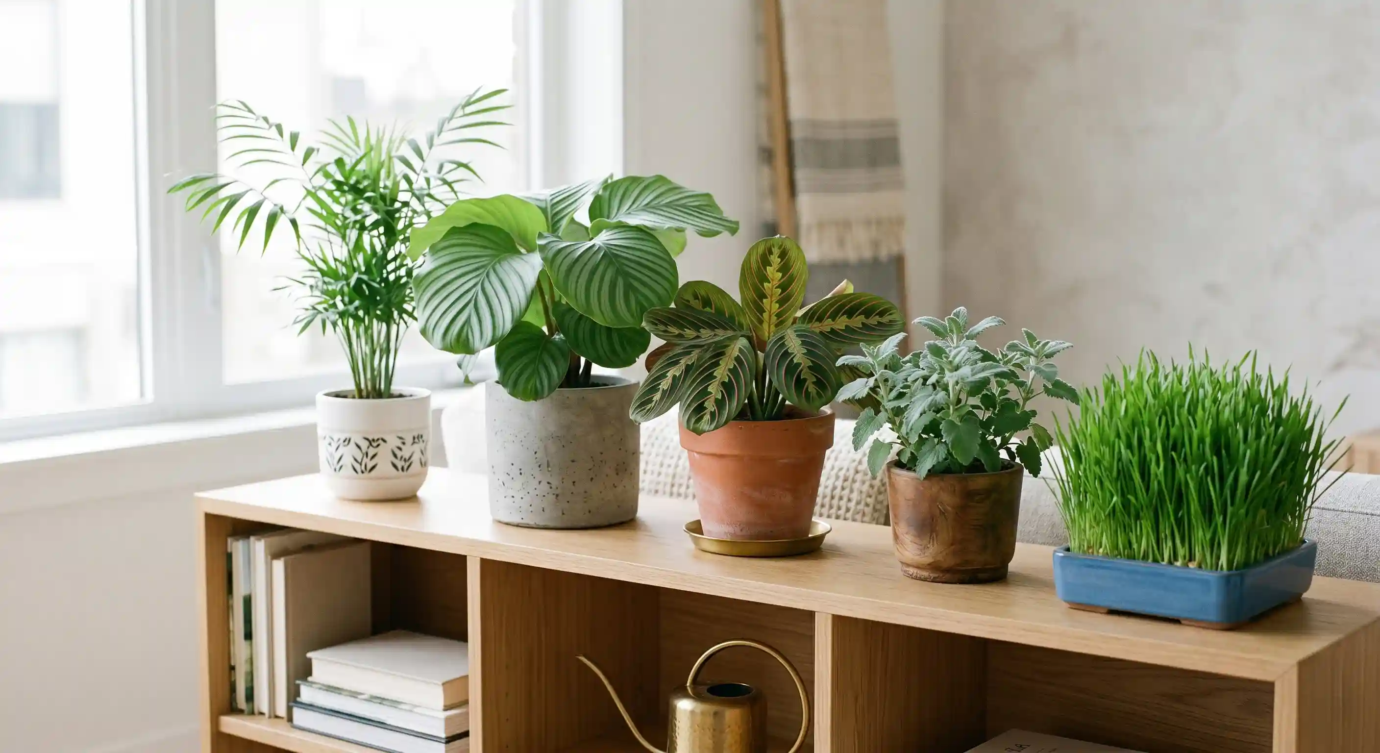 Selection of safe plants for cats arranged in indoor pots