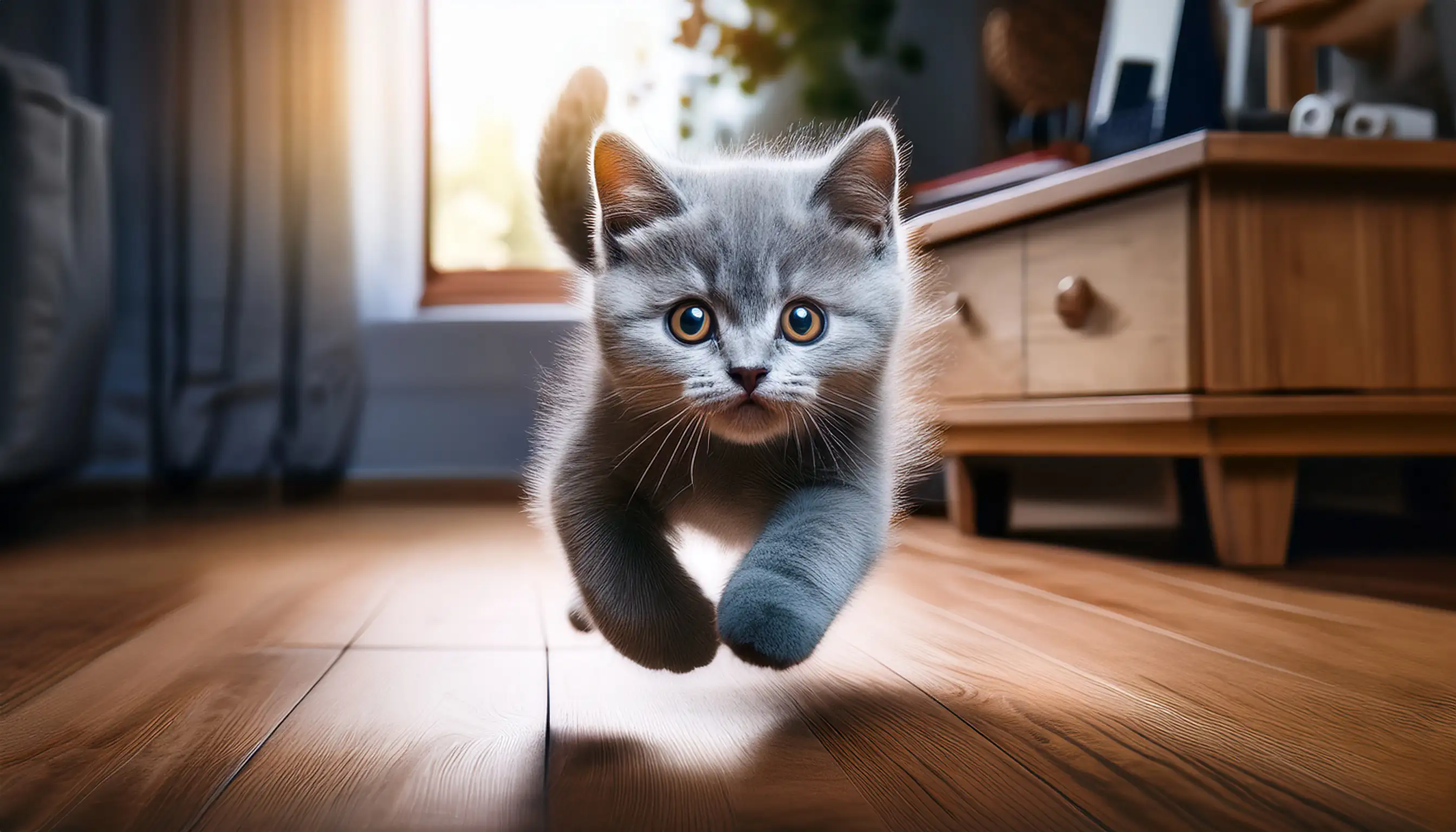 British Shorthair kitten running and playing